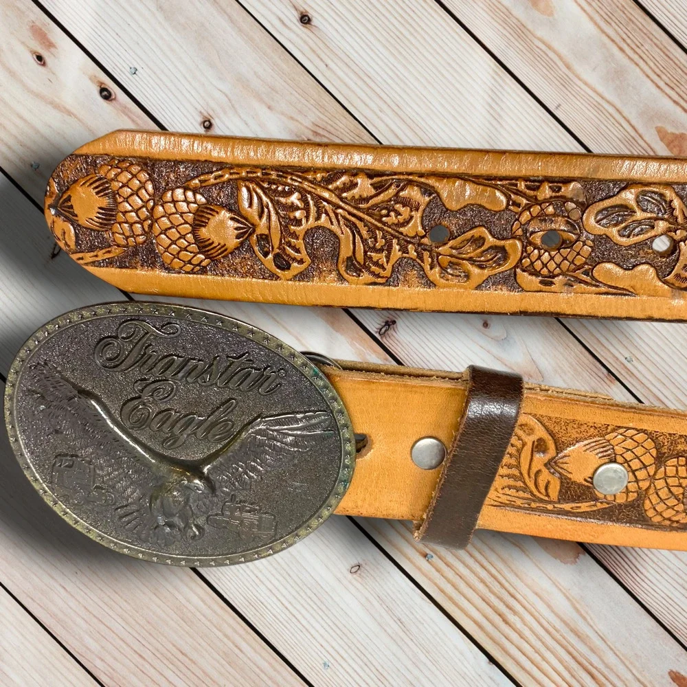 Vintage Transtar Intl Harvester Eagle Brown Tooled Leather Western Belt Buckle